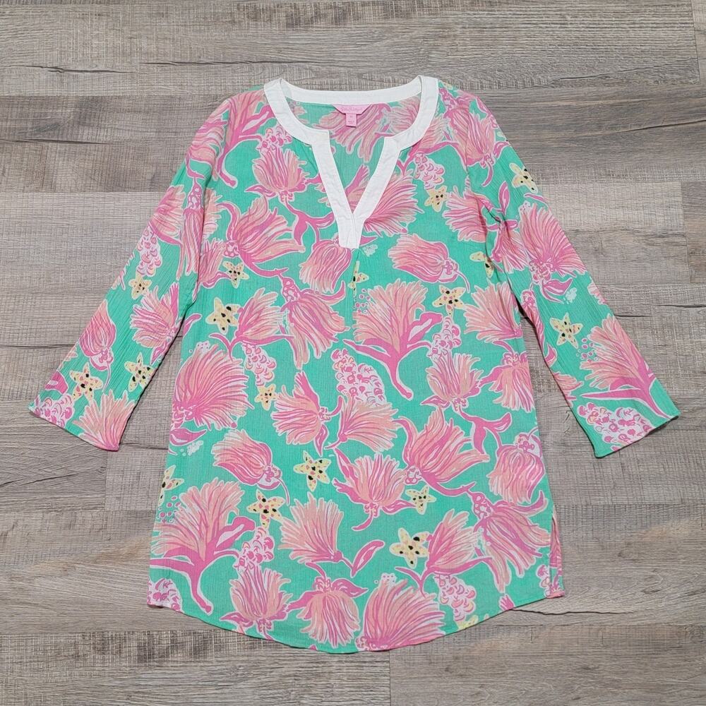 Lilly Pulitzer XS Sea Shell Beach Floral Print Pink V Neck Nautical Tunic Top